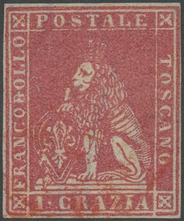 1857, 1cr. Carminio N.12, usato. Interessante D.C. (A+) (A.Diena) (1400)