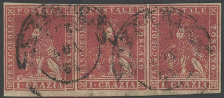 1857, 1cr. N.12 Carminio in striscia di tre, interspazio di gruppo in basso. (A+/LUX)) (Cert. Colla) (Cat.4.500++)