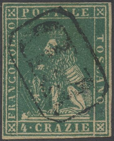 1857, 4cr. Verde N.14, usato. Interessanre D.C. (A+) (A.Diena) (Cat.300)