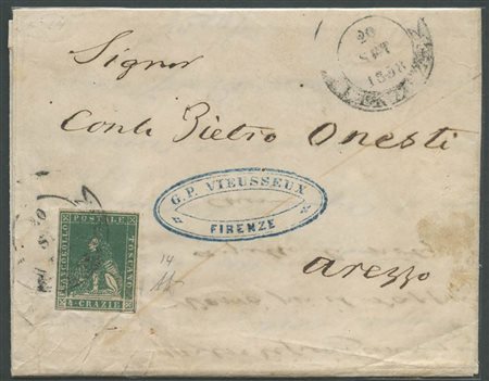 20.9.1858, lettera da Firenze per Arezzo affrancata tramite un 4cr. Verde N.14.Tariffa in vigore a partire dal 1.7.1857 per lettere di secondo porto (fino ad 1 oncia) per l'interno. (A) (A.Diena) (Cat.1200)