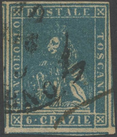 1857, 6cr. Azzurro Chiaro N.15, usato. Filigrana lettere. (A+) (Cat.450++)