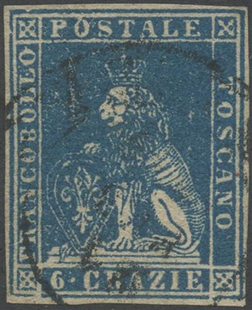 1857, 6cr. Azzurro Vivo N.15a, usato. (A+) (Cat.450)