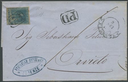 8.9.1859, Lettera da Firenze per Orvieto affrancata tramite un 6cr. Azzurro Chiaro N.15. Lettera di Primo porto per la III° distanza pontificia. (A) (A.Diena) (Cat.1800++)