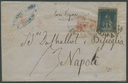 8.9.1858, Lettera da Livorno per Napoli affrancata tramite un 6cr. Azzurro Cupo N.15b.
