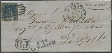 11.1.1858, Lettera da Firenze per Napoli affrancata tramite un 6cr. Azzurro Cupo N.15b. Tariffa per lettere viaggiate per via di mare dirette nel regno delle due sicilie, tassata in arrivo. (A-) (En.Diena) (Cat.1800++)