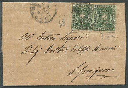 22.7.1861, Lettera da Livorno per S. Gemignano affrancata per 10c. tramite una coppia di 5c. Verde N.18 del G.Provvisorio di Toscana viaggiati durante il Regno D'Italia. (A) (Cert. Luigi Guido) 