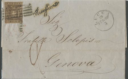 20.2.1860, Lettera da Lucca per Genova affrancato con un 10c. Bruno N.19 annullo ''insufficiente'' in corsivo, tassata. (A+) (Cat.350++)