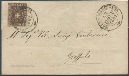 18.1.1861, Lettera da Massa marittima per Grosseto affrancata tramite un 10c. Bruno N.19. Sull'affrancatura il doppio cerchio grande di MASSA MARITTIMA (7pt.) (Cat.900)