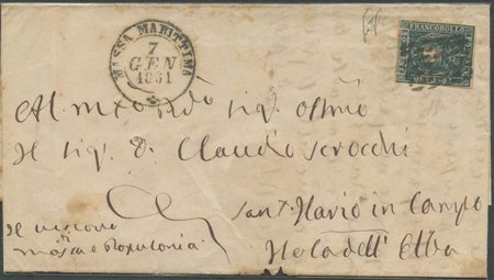 7.1.1861, Lettera spedita da Massa Marittima per l'Isola D'Elba affrancata tramite un 20c. Azzurro Cupo N.20d. (A) (Cert.Luigi Guido) (Cat.1400)