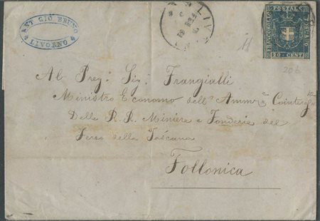 2.2.1860, Lettera da Livorno per Follonica affrancata tramite un 20c. Azzurro N.20, lettera doppio porto per l'interno. (A+) A.Diena) (Cat.1200++) 