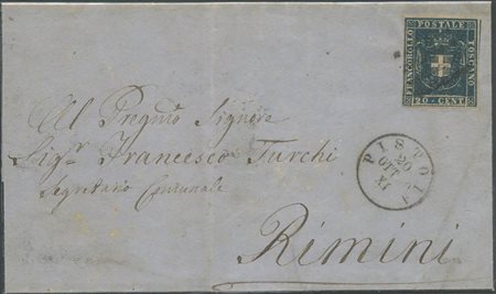 20.10.1860, Lettera da Pistoia per Rimini affrancata tramite un 20c. Azzurro Cupo N.20d. Sull'affrancatura il muto a tre sbarre di Pistoia. (A+) (1400++)