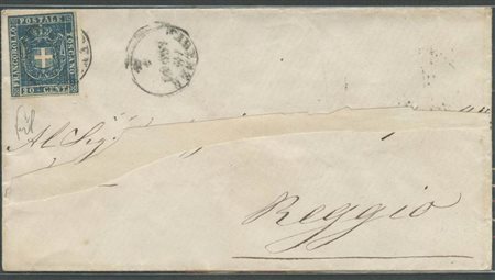 19.8.1861, Lettera da Firenze per Reggio affrancata tramite un 20c. Azzurro Cupo N.20d  del Governo Provvisorio viaggiato durante il regno d'Italia. (A+) (Cert.Luigi Guido)