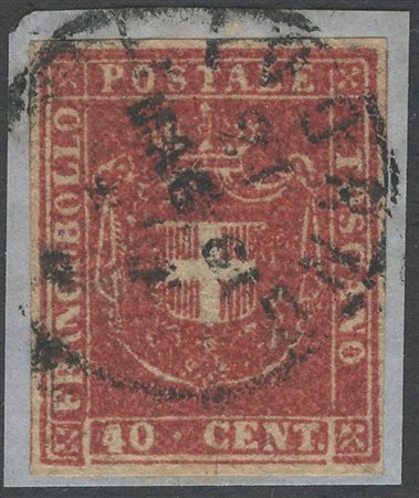 1860, 40c. Carminio N.21 su frammento. Interessante grinza di carta originale in basso. (A+) (Cat.725)