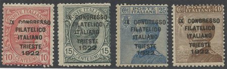 1922, Congresso filatelico N.123/126 nuovi con gomma integra. Il 10c presenta una varietà inedita dicitura ''Congresso'' incompleta. Cert. Chiavarello.