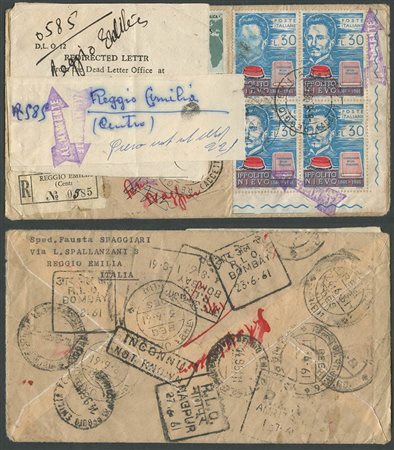 8.6.1961, Lettera raccomandata spedita da Reggio Emilia per L'India e  rispedita al mittente.