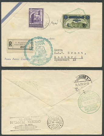 29.5.1933, Areogramma viaggiato su volo Zeppelin affrancato tramite un 2.75L. N.163 e un P.A. 5L. Su 80c. N.12. Dettagliato certificato Caffaz.