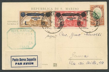 1933,  Cartolina viaggiata per via aerea tramite volo Zeppelin, affrancata tramite P.A. N.14 e N.15 + 15c. Arancio e verde N.143. Dettagliato certificato Caffaz.