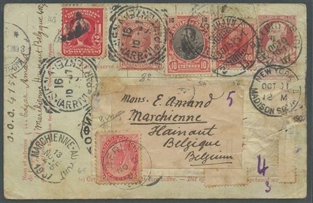 Intero Postale partito da Charleroy il 2.10.1907 e poi rispedito a catena in varie nazioni: Danimarca, Bulgaria, Italia, U.S.A.. Canada e rimandato al mittente. Cert. Biondi.