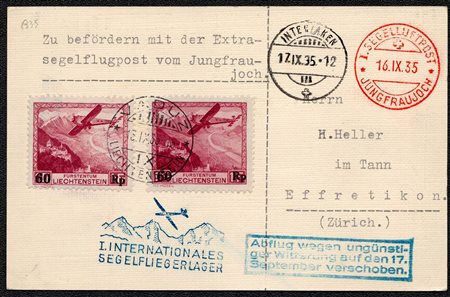 13.9.1935, Cartoncino viaggiato per via aerea da Vaduz per Zurigo e affrancato tramite due valori del N.A14