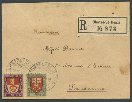 3.12.1919, Lettera raccomandata da Chastel St.Denis per Losanna affrancata con N.173 e N.175