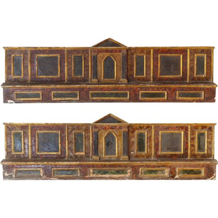 DUE FRONTALI in legno laccato a finto marmo e sagome dorate