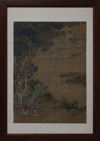  Arte Cinese - Dipinto su seta raffigurante dame in paesaggio lacustre
Cina, dinastia Qing, XVIII-XIX secolo .