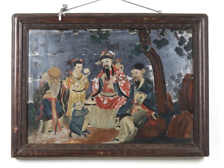  Arte Cinese - Dipinto su specchio raffigurante Immortali sotto pino cinese
Cina, XIX secolo .