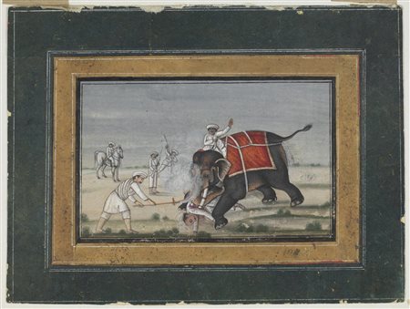  Arte Indiana - Miniatura raffigurante un elefante che uccide un mahout
India, inizio XX secolo .