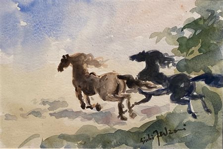 FALZONI GIULIO milano (Mi) Cavalli Acquarello su cartoncino 25,00x35,00...