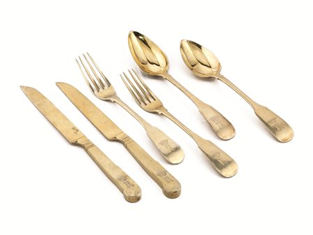 Servito di posate da dolce, Genova, metà sec. XIX, in vermeil, manici con R...