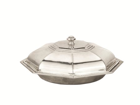 Legumiera con coperchio in metallo argentato di forma ottagonale e sette...