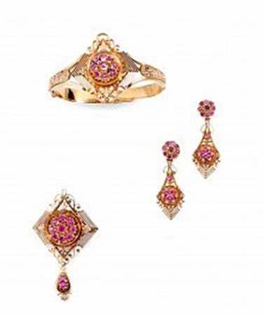 Parure, fine sec. XIX, in oro rosso, oro giallo e rubini, composta di...
