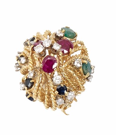 Anello in oro giallo, smeraldi, rubini e diamantimontatura bombata traforata...