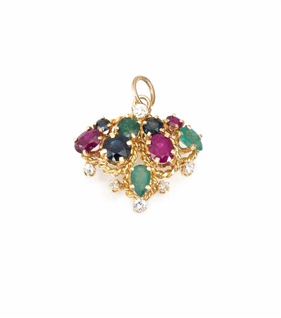 Pendente in oro giallo, rubini, smeraldi, zaffiri e diamantidisegnato come un...