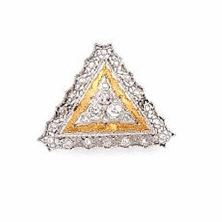 Spilla in oro bianco, oro giallo e diamantidisegnata come una triangolo in...