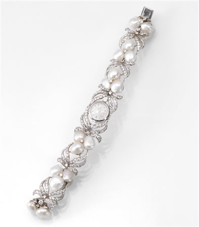 Bracciale-orologio Rolex, anni '60, in platino, oro bianco, perle e diamanti,...