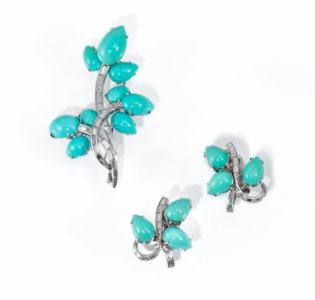 Demi - parure in oro bianco, diamanti e pasta di turchese, composta di spilla...