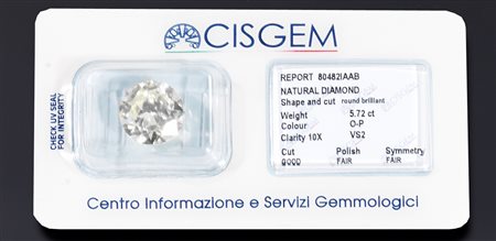 Diamante taglio brillante di ct 5,72colore O-P, purezza VS2. Il brillante,...