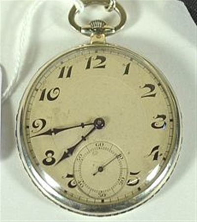 Orologio da tasca, inizi sec. XX, in oro bianco e zaffiriCassa ultrapiatta...