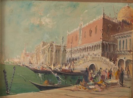 Maestro del XIX secolo. "Venezia, veduta su Palazzo Ducale", Olio su cartone...