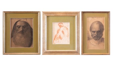Maestro del XIX secolo. Lotto composto da tre disegni. 1. "Volto di anziano...