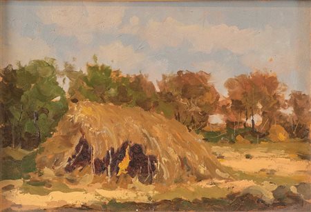 ANTONINO SARTINI (Crespellano 1889 - 1954) "Paesaggio con covoni", 1945. Olio...