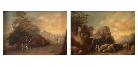 Maestro del XVIII secolo. Coppia di paesaggi. Olio su tela. Cm 30x42. (restauri)