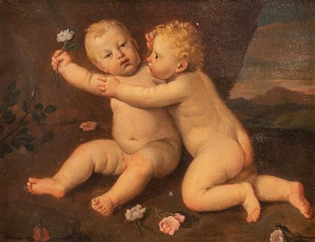 Maestro della fine del XVIII secolo. “Putti”. Olio su rame. Cm 19x22,5.