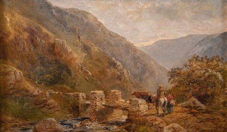 Maestro del XIX secolo "Paesaggio con asino". Olio su tela. Cm 31x51. (difetti)