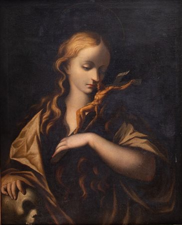 Maestro del XVII secolo. "Maddalena penitente". Olio su tela. Cm 80x65.