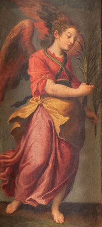 Maestro del XVI secolo. “Angelo”. Olio su tavola. Cm 48x18.