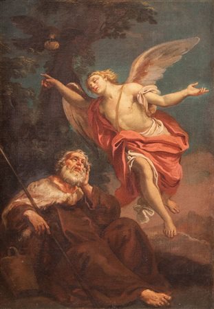 Maestro emiliano del XVIII secolo. “Santo con angelo”. Olio su tela. Cm 57x40.