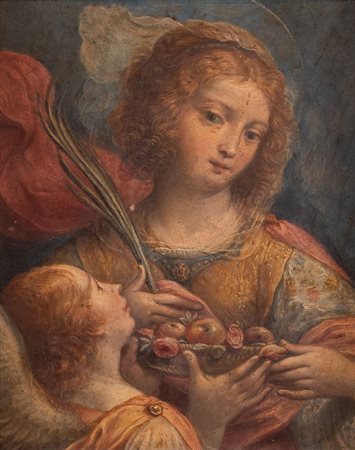 VINCENZO SPISANELLI attr. “Santa con angelo”. Olio su rame. Cm 24x18.