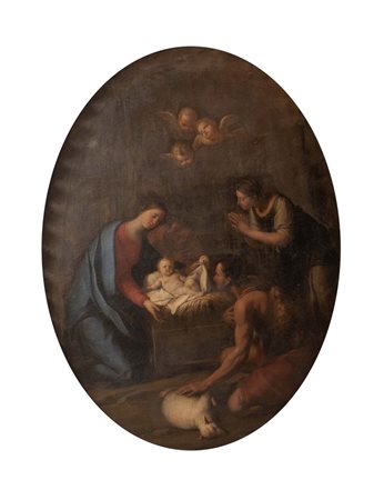 Maestro bolognese del XVII secolo. "Natività". Olio su tela. Cm 151x111.